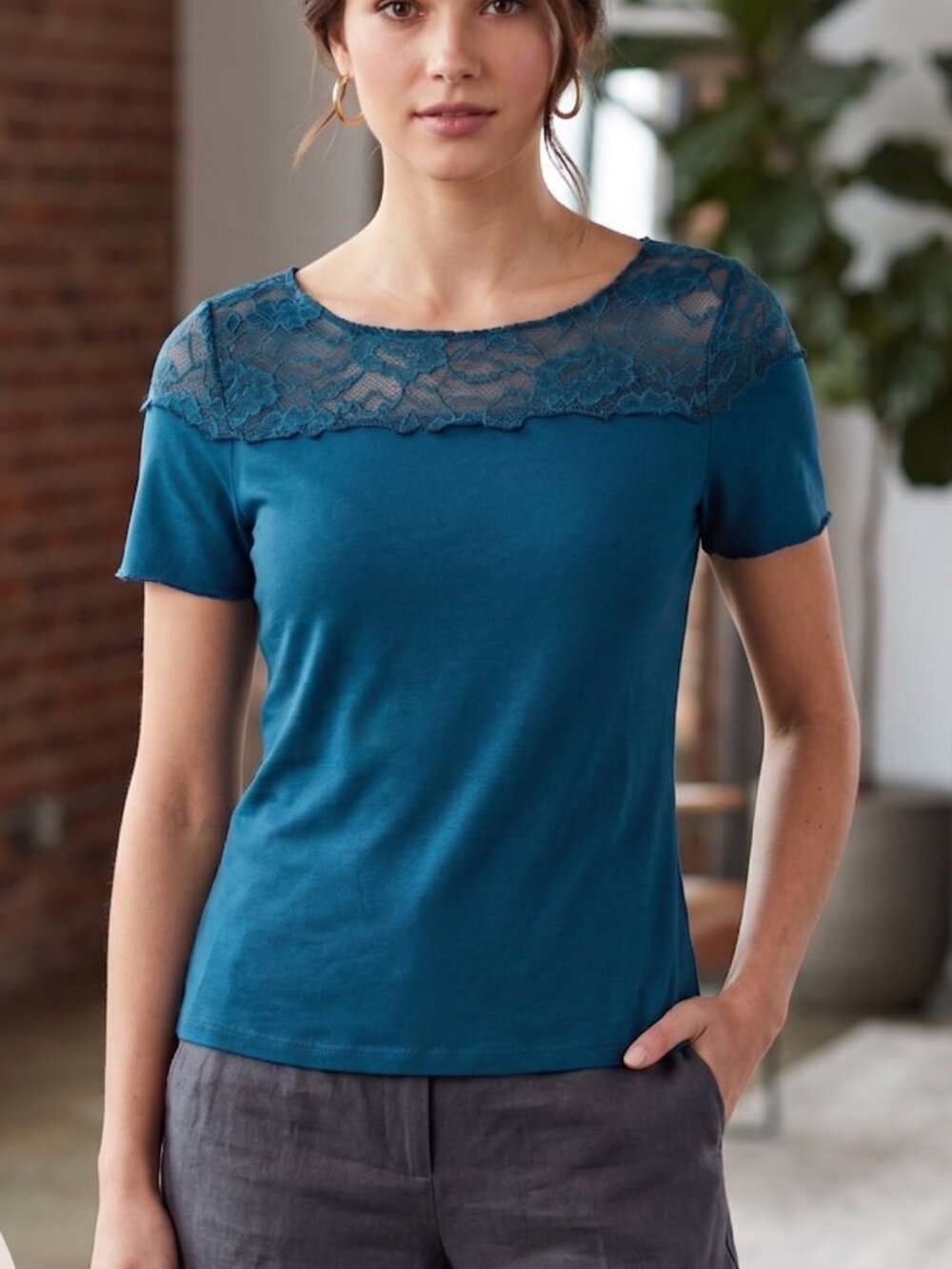 NWT | Grace Karin Teal Blue Lace Yoke Short Sleeve Top Large